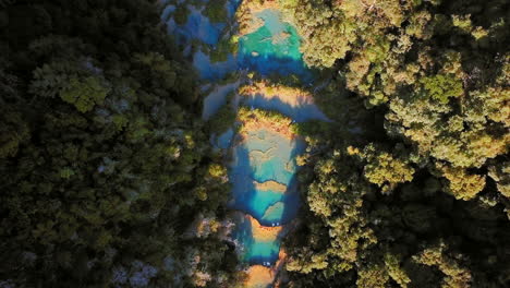 Aerial-view-of-Semuch-Champey-turquoise-pools,-summer-evening,-Top-Shot-Pull-Back