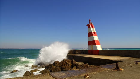 Waves-crashing-in-a-small-marina-headlight-in-Lagos-Portugal