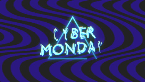 Texto-De-Cyber-Monday-Con-Triángulo-De-Neón-En-Gradiente-De-Ondas-Negras