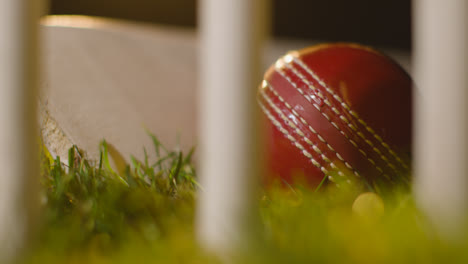 Cricket-Stillleben-Mit-Nahaufnahme-Von-Ball-Und-Schläger,-Die-Im-Gras-Hinter-Stümpfen-Liegen-4