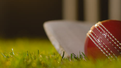 Cricket-Stillleben-Mit-Nahaufnahme-Von-Ball-Und-Schläger,-Die-Im-Gras-Vor-Stümpfen-Liegen-7