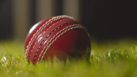 Cricket-Stillleben-Mit-Nahaufnahme-Eines-Balls,-Der-Im-Gras-Vor-Stümpfen-Liegt