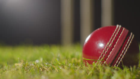 Cricket-Stillleben-Mit-Nahaufnahme-Eines-Balls,-Der-Vor-Stümpfen-Auf-Gras-Fällt