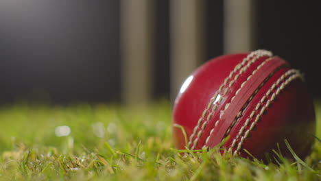 Cricket-Stillleben-Mit-Nahaufnahme-Eines-Balls,-Der-Im-Gras-Vor-Stümpfen-Liegt