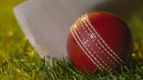 Cricket-Stillleben-Mit-Nahaufnahme-Von-Ball-Und-Schläger,-Die-Im-Gras-Liegen-1
