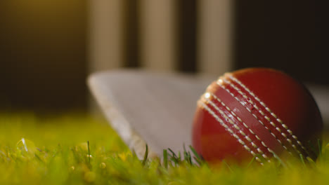 Cricket-Stillleben-Mit-Nahaufnahme-Von-Ball-Und-Schläger,-Die-Im-Gras-Vor-Stümpfen-Liegen-5