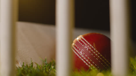 Cricket-Stillleben-Mit-Nahaufnahme-Von-Ball-Und-Schläger,-Die-Im-Gras-Hinter-Stümpfen-Liegen-3