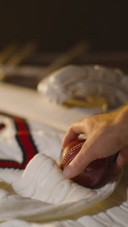 Cricket-Still-Life-With-Close-Up-Of-Hand-Picking-Up-Ball-With-Bat-Gloves-Stumps-Jumper-And-Bails-Lying-In-Background