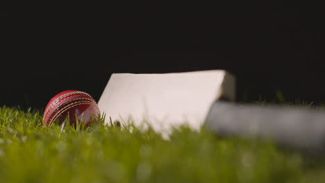 Studio-Cricket-Still-Life-With-Close-Up-Of-Bat-And-Ball-Lying-In-Grass-3