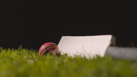 Studio-Cricket-Still-Life-With-Close-Up-Of-Bat-And-Ball-Lying-In-Grass-2