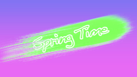 Frühlingstext-Mit-Blühendem-Grünem-Und-Violettem-Pinselstrich-Auf-Rosa-Farbverlauf