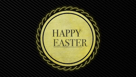 Golden-framed-circle-Happy-Easter-in-center,-black-and-white-checkerboard-background