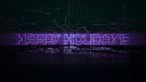 Futuristic-neon-sign-Happy-Holidays-in-glowing-purple-and-blue-lights-with-circuit-board-background