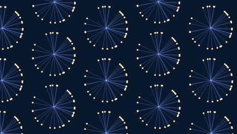 Circular-dandelion-pattern-on-dark-blue-background-with-white-circles-and-yellow-outline