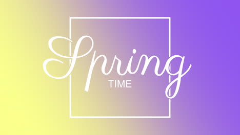Lebendiges-Frühlingserwachen,-Gelber-Und-Violetter-Abstrakter-Hintergrund-Mit-Frühlingszeit-In-Weiß
