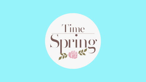 Zeit-Frühling-Logo-Kreis-Mit-Blume,-Blättern-Und-Stiel-Auf-Hellblauem-Hintergrund