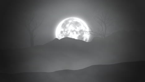 Majestätische-Mondlicht-Ruhige-Nachtszene-Mit-Vollmond,-Kahlen-Bäumen-Und-Hügel