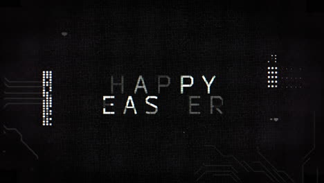 Happy-easter-on-circuit-board-with-electronic-components-on-grid-pattern-background
