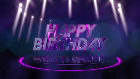 Spotlight-on-empty-stage-Happy-Birthday-in-white-letters-on-purple-background