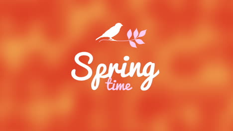 Frühlingstext-Mit-Vogel-Auf-Ast-Mit-Verschwommenem-Orangefarbenem-Und-Weißem-Hintergrund