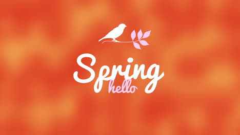 Frühling-Hallo-Verspieltes-Vogellogo-Auf-Verschwommenem-Orange-weißem-Muster