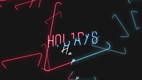 Vibrant-neon-sign-Happy-Holidays,-red-and-blue-triangle-star-pattern-on-black