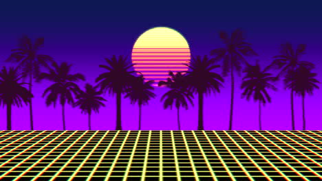 Lebendige-Sonnenuntergangspalmen-Im-Retro-Hintergrund-Im-80er-Jahre-Stil-Mit-Gittermuster