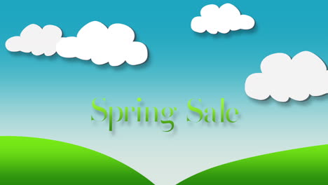 Spring-Sale-text-with-blue-skies,-white-clouds,-and-green-hills-in-background