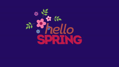 Hallo-Frühling-Bunter-Text-Und-Blumenakzente-Auf-Dunkelblauem-Hintergrund