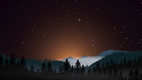 Serene-night-starlit-mountains,-snowy-peaks,-and-pine-trees
