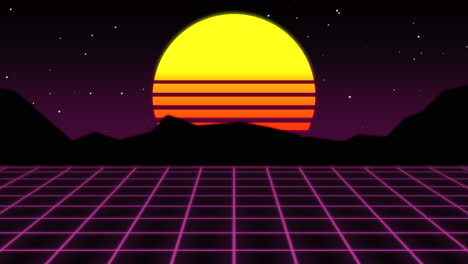 Sonnenuntergang-über-Den-Bergen,-Lebendig-Gerenderte-Computergrafik-Der-80er-Jahre