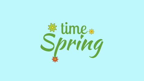 Frühlingszeit-Lebendiger-Handgeschriebener-Text-In-Grün-Und-Gelb-Auf-Blauem-Hintergrund