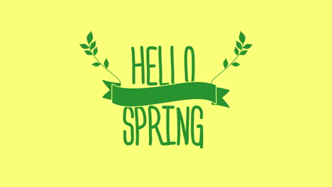 Hallo-Frühling,-Leuchtend-Grünes-Banner-Signalisiert-Die-Ankunft-Der-Saison-Auf-Sonnigem-Gelben-Hintergrund