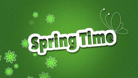 Tiempo-De-Primavera-Con-Hermosas-Flores-Blancas-Y-Mariposas-Sobre-Fondo-Verde
