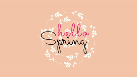 Hallo-Frühling-Grußkarte-Elegante-Kursive-Buchstaben-Auf-Rosa-Hintergrund-Mit-Lebendigen-Blättern-Und-Reben