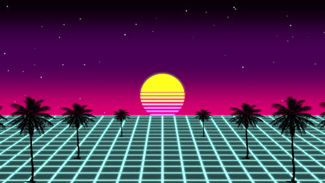 Retro-80s-computer-graphic-with-palm-trees-at-sunset