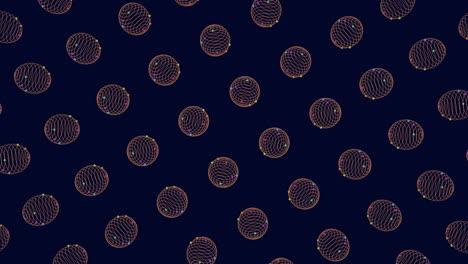 Symmetrical-circular-pattern-with-orange-and-blue-lines-and-dots-on-dark-blue-background