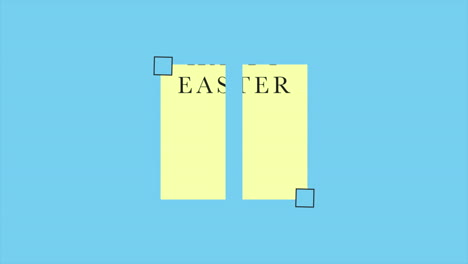 Cheerful-easter-greetings-yellow-square-on-blue-background-with-Happy-Easter-in-white-letters