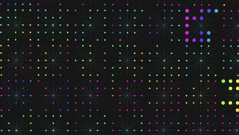 Vibrant-floating-dot-grid-symmetrical-pattern-of-shades-of-purple,-blue,-green,-and-yellow-dots