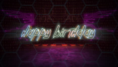 Neon-lit-Happy-Birthday-greeting-on-binary-grid-hexagons