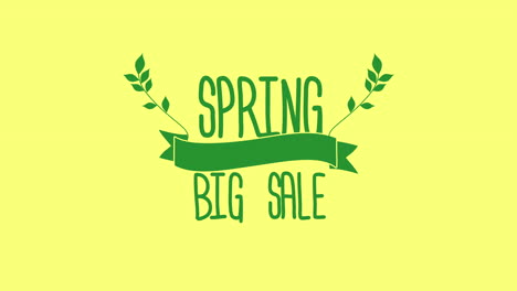 Frühlings-Big-Sale,-Leuchtend-Grüne-Schrift-Auf-Gelbem-Hintergrund-Mit-Blatt-Akzenten