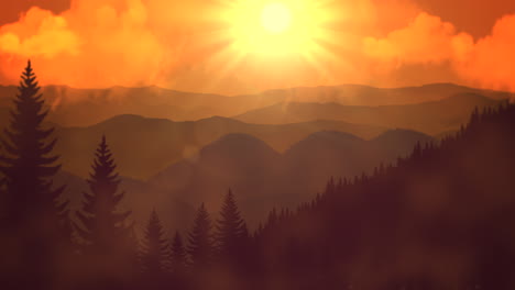 Ruhiger-Sonnenuntergang,-Majestätische-Berge-Und-Goldener-Himmel