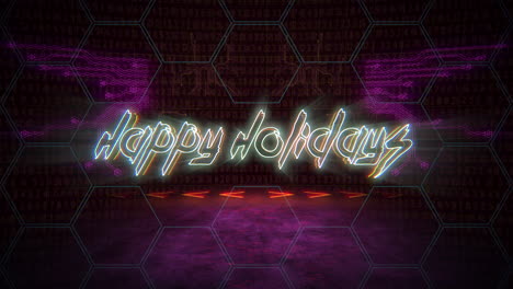 Futuristic-neon-sign-Happy-Holidays-glows-amidst-binary-grid