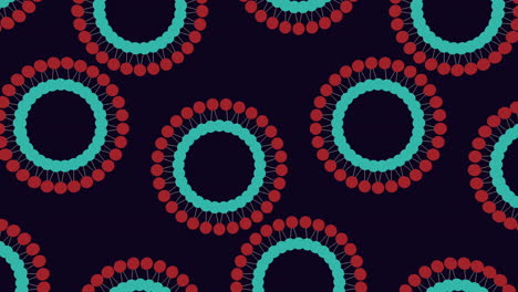 Symmetrical-red-and-blue-circle-pattern-on-black-seamless-background