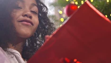 Chica-examinando-el-regalo-de-Navidad