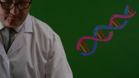 Wissenschaftler,-Der-DNA-Symbol-Auf-Grünem-Bildschirm-Zeichnet