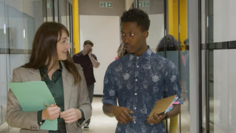 Female-And-Male-Colleagues-Walking-And-Talking-In-A-Corridor