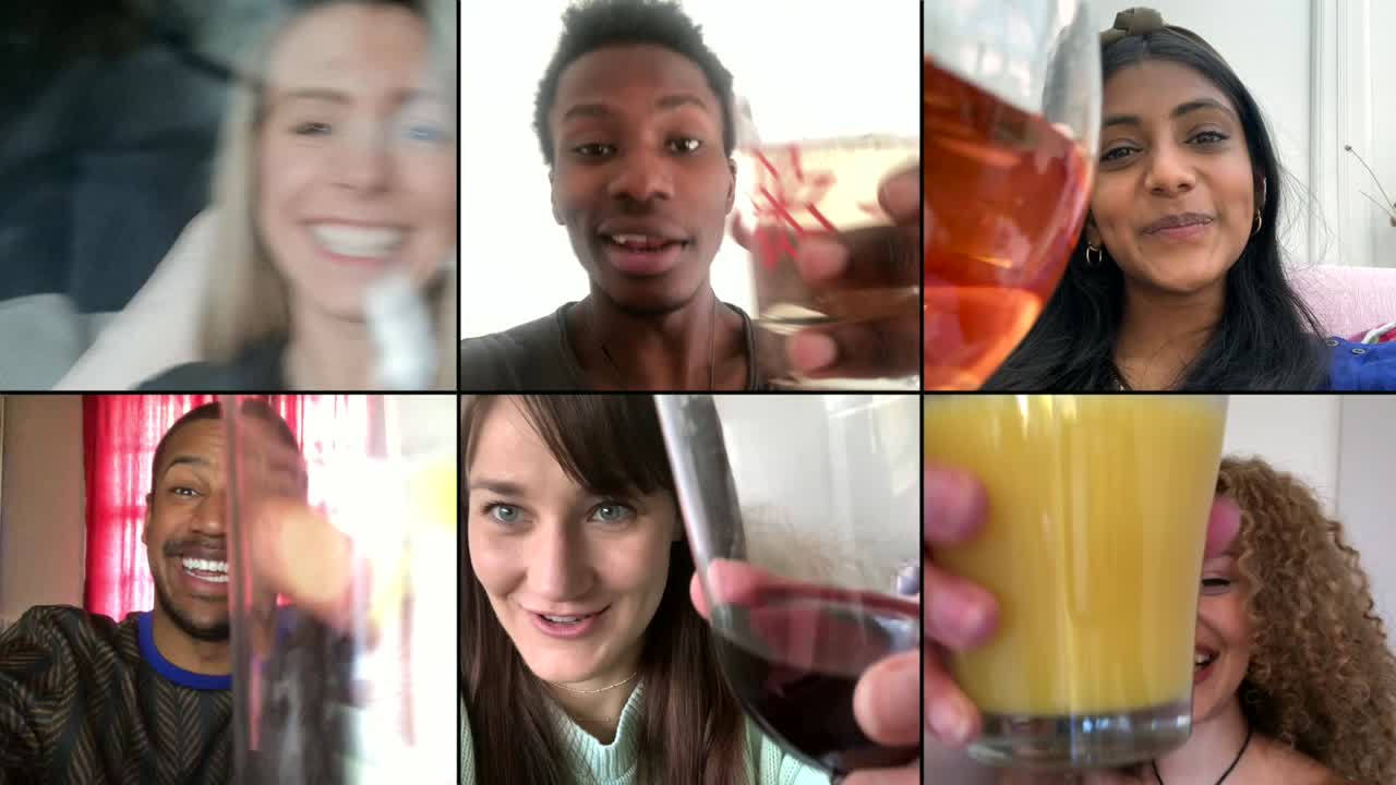 Group Of Six Friends Saying Cheers Over Video Chat Free Stock Video Footage  Download Clips People