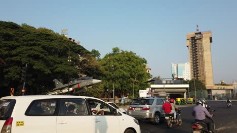 Bengaluru-Karnataka-India--24Mar2019-Traffic-in-front-of-Cubbon-park-metro-entry-in-front-of-the-famous-LCA-Tejas-installed-by-HAL