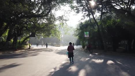 Wide-angle-panning-shot-of-people-in-Cubbon-park-during-early-morning